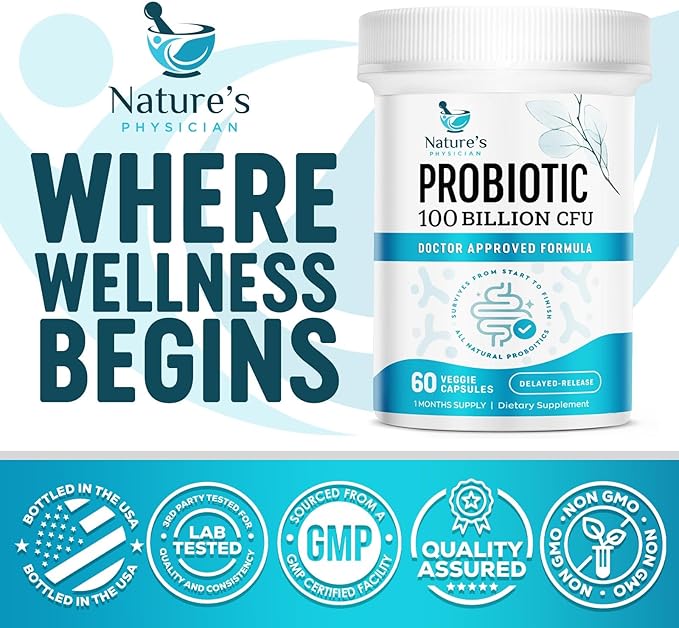 Nature's Physician Probiotics - 100 Billion CFU Per Capsule - 16 Strains + Prebiotics - Best Probiotic Supplement for Women & Men - Supports Immune, Digestive Health, Constipation & Gas - 60 Capsules