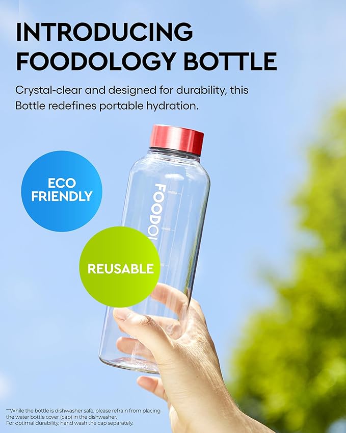 FOODOLOGY Bottle for Drink Mix (Red, 16.9fl oz) - Leak Proof, Lightweight, Durable Sports Water Bottle. Reusable for Gym, Outdoor, Travel. BPA Free, Clear Beverage Container with Marker