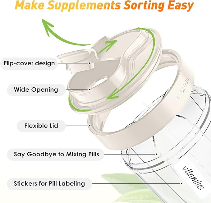Pill Dispenser with 7 Large Compartments - Portable Pill Organizer for Travel, Anti-Mix Design & Wide Opening Design, Easy Access to Vitamin Dispenser, Includes 20 Blank Stickers (White)
