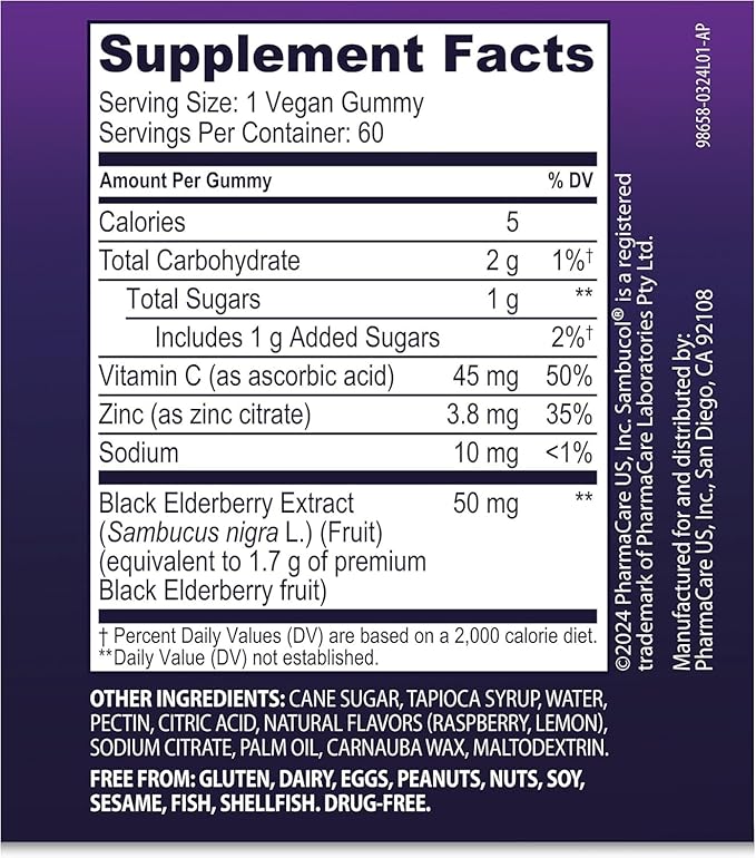 Sambucol Elderberry Gummies - Immune Support Supplement for Adults with Vitamin C & Zinc, Sambucus Elderberry with High Antioxidants, Gluten Free, Vegan - 60 Count