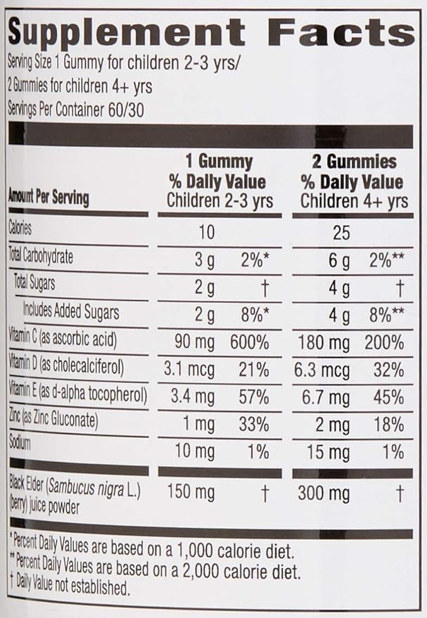 Amazon Brand - Mama Bear, Vegetarian Kids Black Elderberry Gummies 300 mg with Vitamins C, D, E and Zinc - Immune System Support - 60 Gummies (1 to 2 Month Supply), Non-GMO, Gluten Free (Pack of 2)