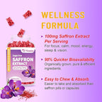 Saffron Gummies, 10 in 1 Saffron Supplements Gummies with Magnesium, Ashwagandha & Rhodiola Rosea, Sugar Free Vegan Mixed Berry Flavor - 60Cts