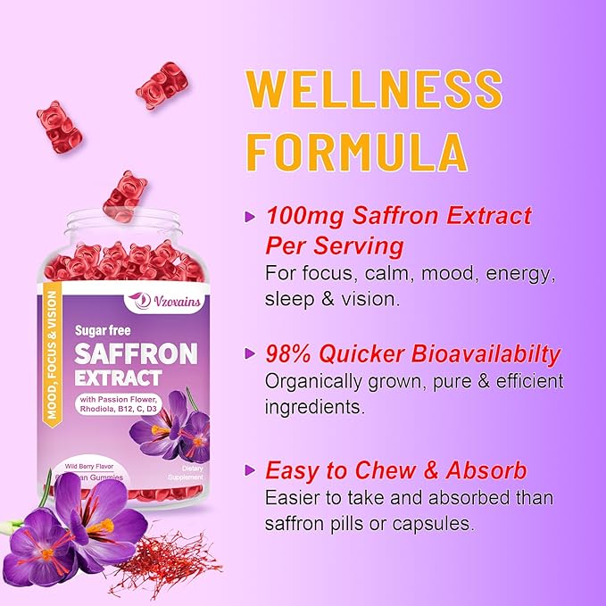 Saffron Gummies, 10 in 1 Saffron Supplements Gummies with Magnesium, Ashwagandha & Rhodiola Rosea, Sugar Free Vegan Mixed Berry Flavor - 2 Pack 120Cts