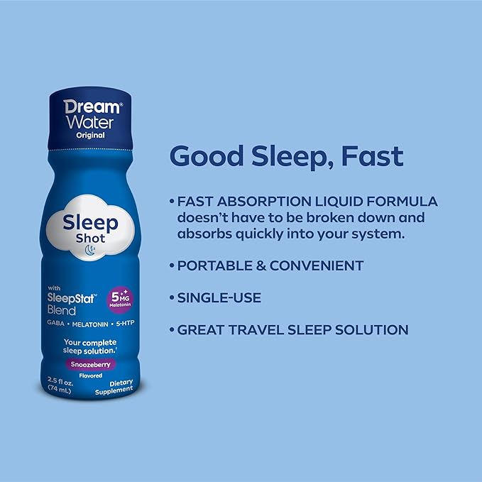 Dream Water Sleep Shots (24 Count) Sleep Aids for Adults - 5mg Melatonin, GABA, 5-HTP - Natural Snoozeberry Flavor (Blue Raspberry) - Liquid Melatonin Supplement - Zero Sugar & Gluten Free - 2.5 oz