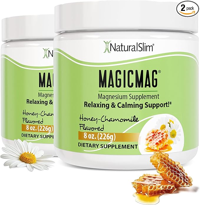 NaturalSlim Magicmag Pure Magnesium Citrate Powder Stress, Constipation, Muscle, Heart Health, and Sleep Support | Honey Chamomile Flavored Magnesium Supplement - 8oz Drink Mix (2 Pack)