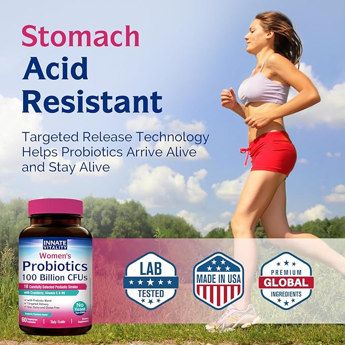 Innate Vitality Probiotics for Women, 100 Billion CFUs 18 Strains, Prebiotics and Probiotics, with Cranberry, Vitamin C & B6 P5P, Vaginal & Digestive Health, Non refrigerated, 60 Caps