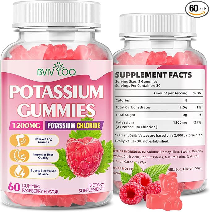Potassium Gummies for Adults with 1200mg Potassium Chloride - Supports Muscle Health & Leg Cramps, Raspberry Flavor, 60 Count