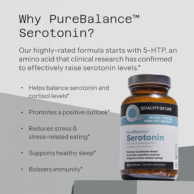 Quality of Life Pure Balance Serotonin Premium–Helps Boost Serotonin & Cortisol Levels - Includes 5-HTP, Venetron, Sensoril, Vitamin D3 & L-Theanine–60 Capsules