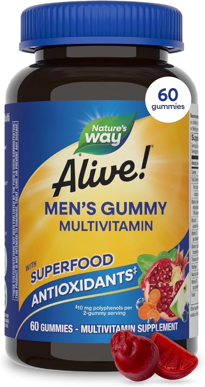 Nature’s Way Alive! Men’s Multivitamin Gummies, Daily Gummy Vitamin for Men, Supports Cellular Energy Metabolism, Immune Health, Muscle Function*, With Vitamins A, C, D3, Zinc, Vegetarian, 60 Count