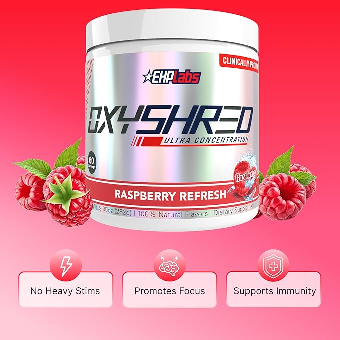 EHP Labs OxyShred Pre Workout Powder - Preworkout Powder with L Glutamine & Acetyl L Carnitine, Energy Boost Drink - Raspberry Refresh, 60 Servings