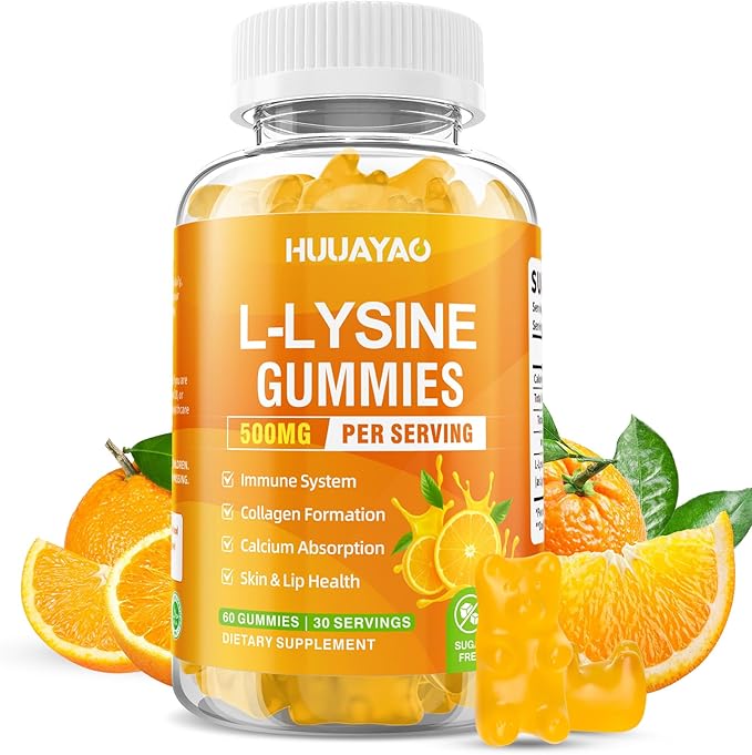 L-Lysine Gummies 500mg, Lysine Gummies Supplement for Immune Support & Skin Health, Collagen Formation Support, Vegan, Gluten Free Chewable Supplement for Adults & Kids, Orange Flavor, 60 Count