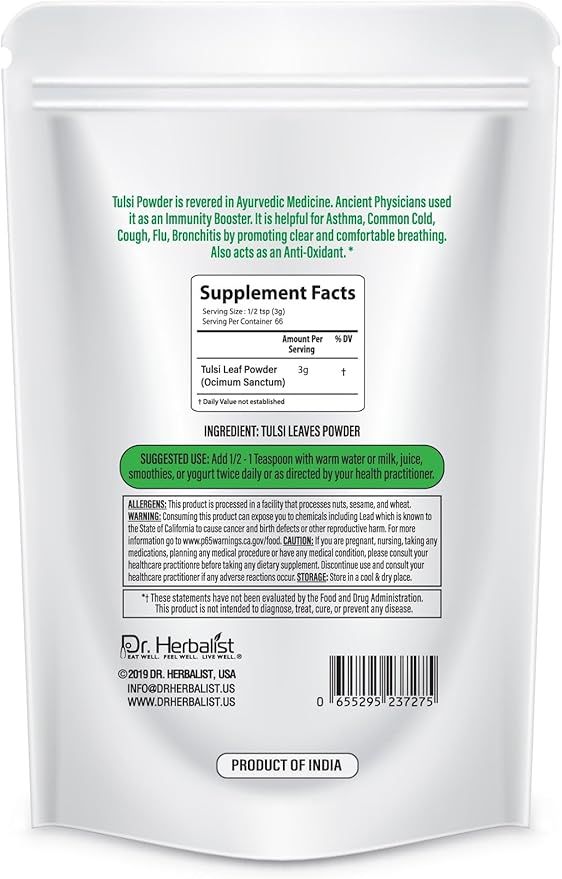 Dr. Herbalist Tulsi Powder 200g - Holy Basil Supplement, Boosts Immunity