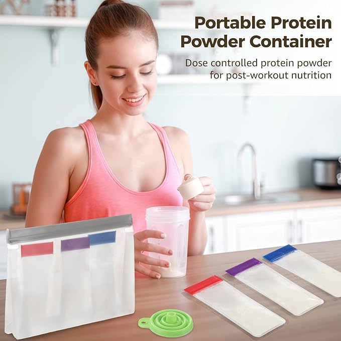 26 Pcs Protein Powder Travel Container Set, Reusable Single-Dose Bags, Portable Supplement Storage Containers, Includes Funnel & Spoon, 2.4 x 6.1 in & 10 x 7.3 x 2 in