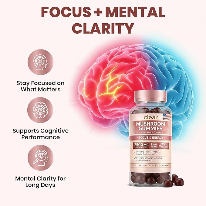 Clear Mushroom Gummies, Lions Mane, Reishi, Cordyceps, Chaga 10:1 Extract (Raspberry Flavor) - 2500mg 10 Mushroom Focus Gummies for Brain Health, Memory, Calm Energy, 3rd Party Tested