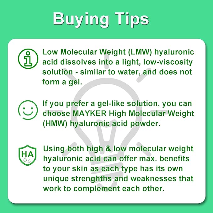 MAYKER Pure Hyaluronic Acid Powder, 0.7 oz | Low Molecular Weight, Cosmetic Grade | For DIY Serums, Creams, Moisturizers | Clear, Watery Texture After Fully Dissolved