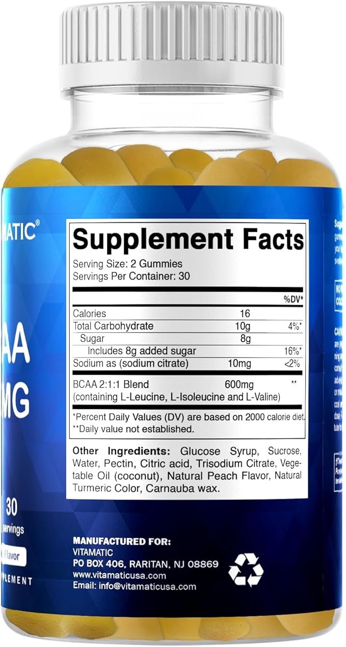 Vitamatic BCAA Gummies - Branch Chain Amino Acid Supplements - Peach Flavor - 600mg per Serving - 60 Vegan Pectin Based Gummies (1 Bottle)