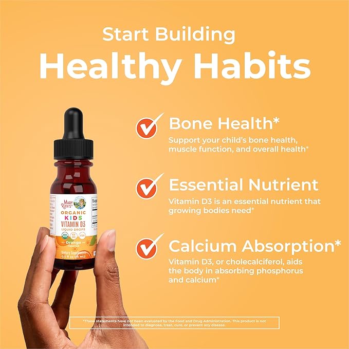 MARYRUTH'S USDA Organic Vitamin D3 Liquid Drops for Kids | 640 IU Vitamin D3 Per Serving | Kids Immune Support & Bone Health Supplement | Formulated for Ages 4-13 | 0.5oz | 30 Servings