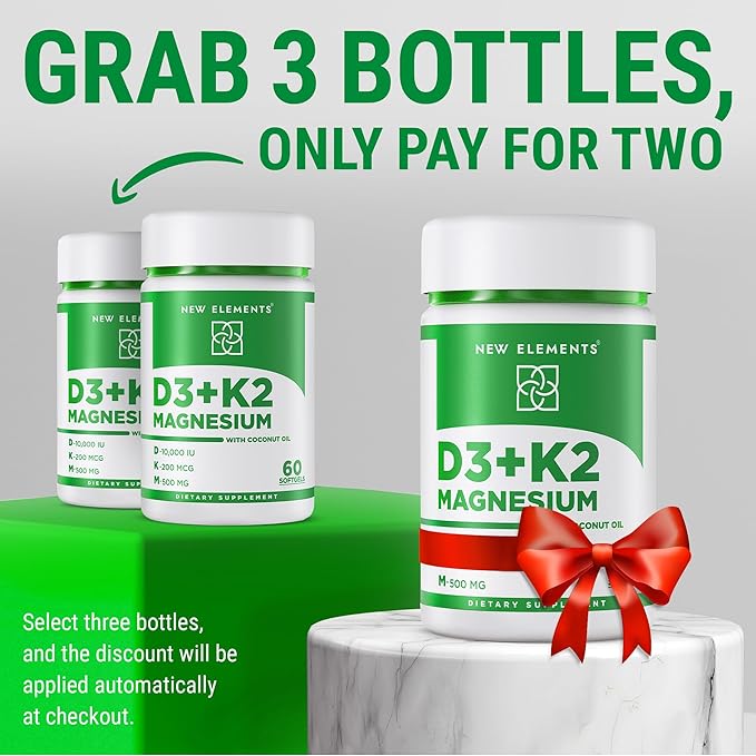New Elements Vitamin D3 K2 10,000 IU with Magnesium Glycinate 500mg - Bone Health, Immune Support, Energy & Mood - Non-GMO, Gluten-Free, Sugar-Free Softgels for Women & Men (60 softgels)