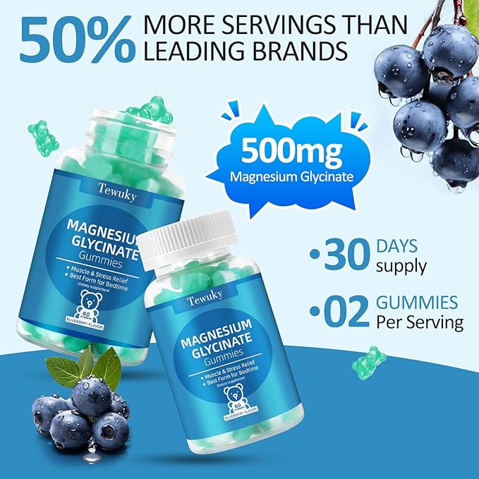 Magnesium Glycinate Gummies 2 Bottles, Sugar-Free for Adults & Kids, Best Magnesium Gummies for Sleep, Stress & Muscle Relief, Supports Bone & Nerve Health, Vegan, Pectin-Based, Blueberry Flavor