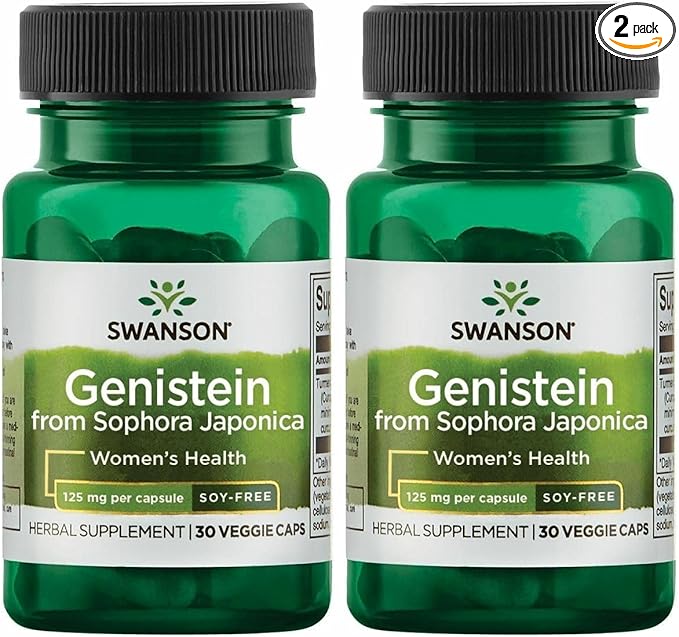 Swanson Soy-Free Genistein Plant-Based Supplement for Women Seeking Hormonal Balance, Bone, and Cardiovascular Support - 125 mg (60 Vegan Capsules, 2 Pack)