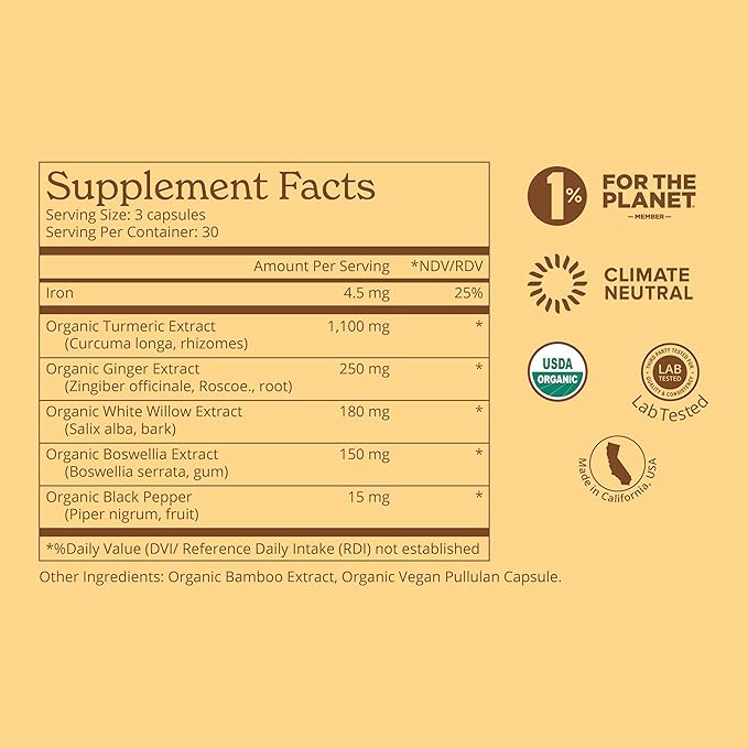 Premium 5-in-1 1100mg Turmeric Curcumin with Black Pepper for Maximized Bioavailability, Plus Boswellia & White Willow. USDA Organic Joint Support, Made in the USA and 3rd Party Tested. 90 Ct.