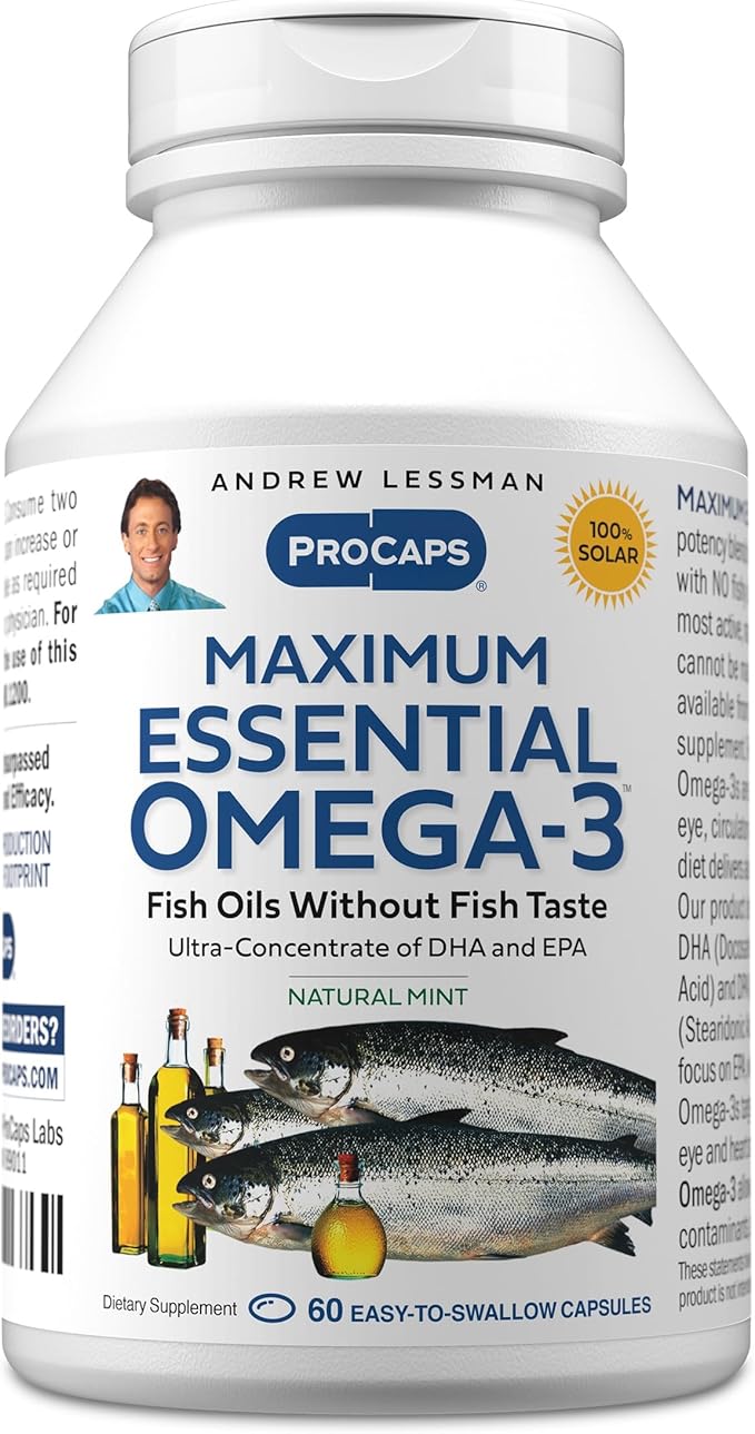 ANDREW LESSMAN Maximum Essential Omega-3 Mint - 60 Softgels - Ultra-Pure, High Potency Omega-3 Oils. High DHA, No Stomach Upset, No Contaminants, No Mercury. Small Easy to Swallow Softgels
