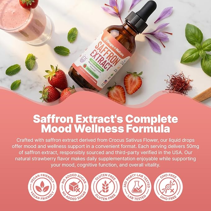 Saffron Supplements for Kids & Adults – Made with Pure Saffron Extract – Vegan, Fast Absorbing – Mix with Drinks – Supports Eye Health, Emotional Balance and Antioxidant Level Boost (Strawberry, 60mL)