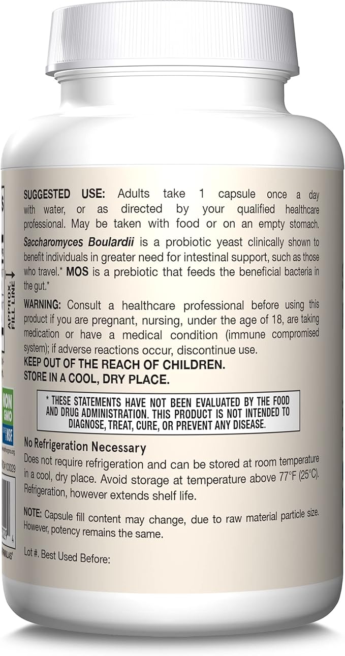 Jarrow Formulas Saccharomyces Boulardii + MOS Probiotics for Digestive Health and Intestinal Tract Support - 5 Billion CFU Per Serving - 180 Delayed Release Caps - Probiotic + Prebiotic - 180 Servings