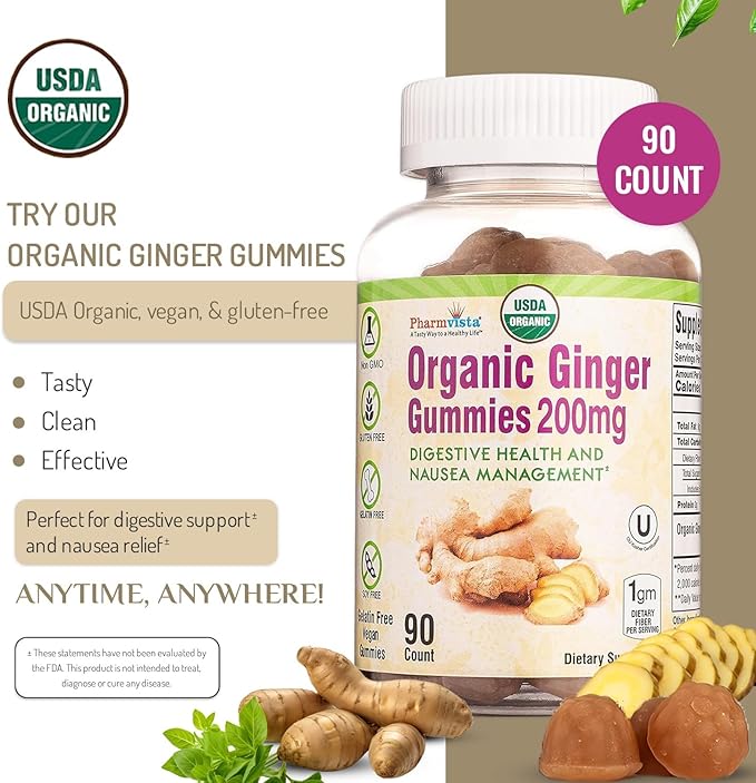 Pharmvista USDA Organic Ginger Gummies 200mg 90 Count for Nausea Management and Digestive Health