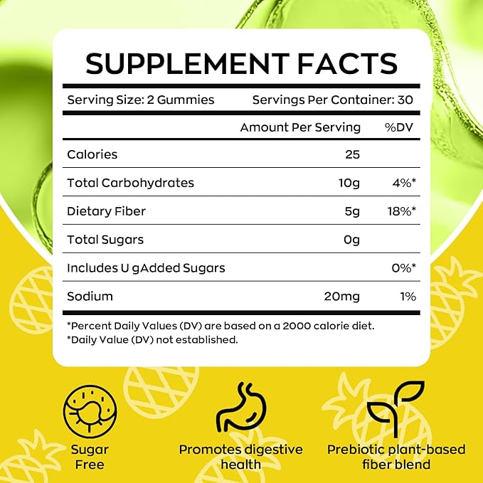 Fiber Gummies for Adults with Probiotics，No Sugar Added Pineapple Flavor, Promotes Gut Health and Regulate Bowel Movement, Vegan (60 Count（Pack of 2）)
