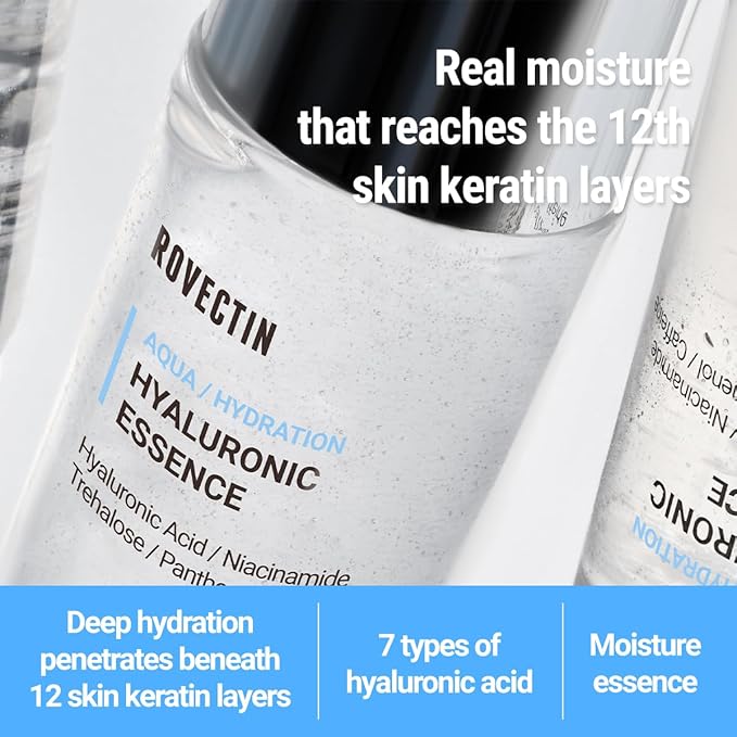 ROVECTIN Aqua Hyaluronic Essence for Sensitive Skin | 100% Vegan-Cruelty Free Korean Skincare | Anti-Aging, Deep Hydration Toner with Niacinamide & 7 Layers of Hyaluronic Acid | 6.08 fl oz (180ml)