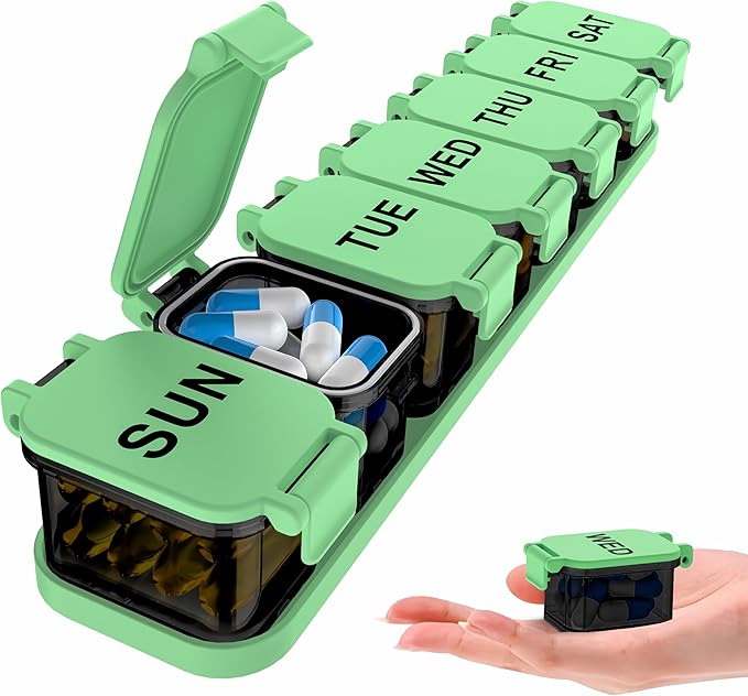 Extra Large Weekly Pill Organizer - XL Vitamin Holder with 7 Detachable Compartments, Portable Medicine Pill Organizer for Supplements, Daily Pill Case for Home and Travel,Green