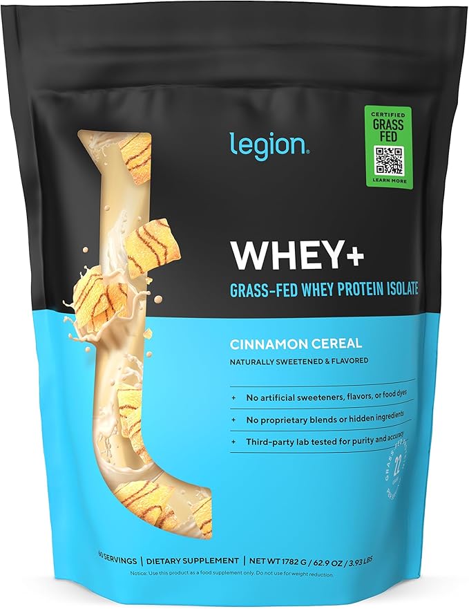 LEGION Whey+ Protein Whey Isolate from Grass Fed Cows (Cinnamon Cereal, 60 Servings) - Whey Protein Isolate Powder Low Calorie, Non-GMO, Sugar Free, Lactose and Gluten Free, All Natural Protein Powder