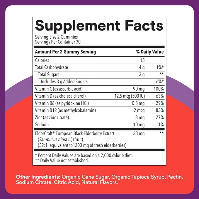 SmartyPants Kids Immunity Elderberry Gummies: Kids Immune Support Supplement, Vitamin C, Vitamin D, Vitamins B6 & B12 and Zinc, Gluten Free, Elderberry Flavor, 60 Count (30 Day Supply)
