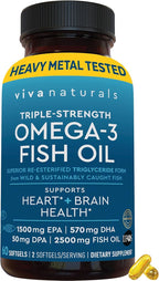 Viva Naturals Omega-3 Fish Oil, Triple Strength, 2500 mg, 60 Softgels – Re-Esterified Omega 3 Fatty Acids Including EPA, DHA, DPA - Pascatarian-Friendly