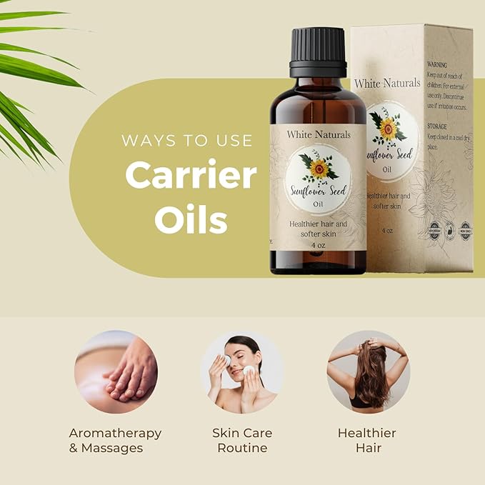 White Naturals Sunflower Seed Oil, Pure and Natural, Cold-Pressed, for Skin Care, Massage, Hair Care, and to Dilute Essential Oils, 4 fl oz