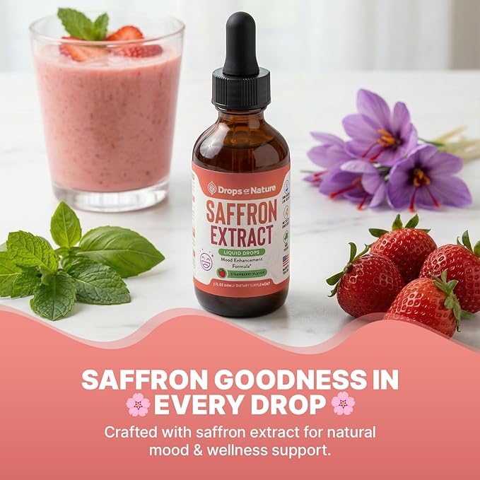 Saffron Supplements for Kids & Adults – Made with Pure Saffron Extract – Vegan, Fast Absorbing – Mix with Drinks – Supports Eye Health, Emotional Balance and Antioxidant Level Boost (Strawberry, 60mL)