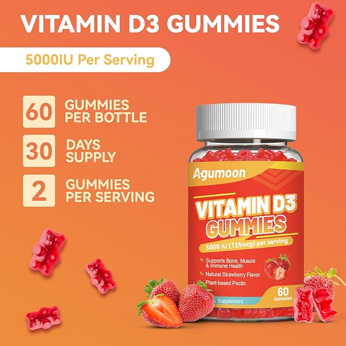 2 Pack Vitamin D3 5000 IU 125mcg Gummies - Vitamin D Gummies for Adults, Support Immune, Bone, Muscle Health - Non-GMO, Gluten-Free, Dairy-Free, No Gelatin, 120 Count, Strawberry Flavor