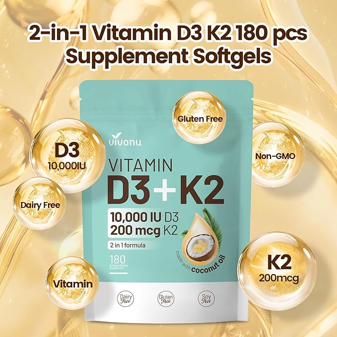 VivoNu Vitamin D3 K2 10000 IU with MK7-300 Virgin Coconut Oil Softgels, 2 in 1 Vitamins D & K Complex | Vitamina D3 con K2 ((180 capsules/1Bag))