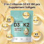 VivoNu Vitamin D3 K2 10000 IU with MK7-300 Virgin Coconut Oil Softgels, 2 in 1 Vitamins D & K Complex | Vitamina D3 con K2 ((180 capsules/1Bag))