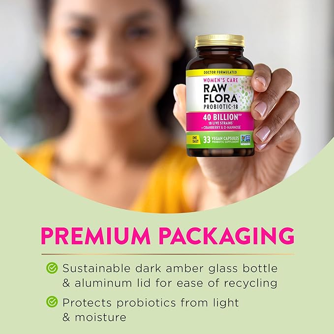 Raw Flora Women's Probiotics | Dr. Formulated 40 Billion CFU + Prebiotics | Digestive, Vaginal & Urinary Support | 33 Vegan Capsules with Cranberry & D-Mannose | Shelf Stable