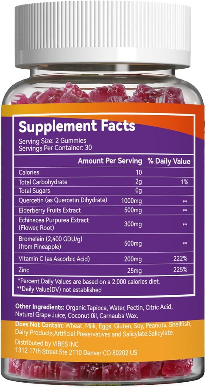 Quercetin Gummies, 1000mg Quercetin with Bromelain Zinc Elderberry, Immune & Antioxidant Support, Vegan Gummies for Adults & Kids, 60 Count