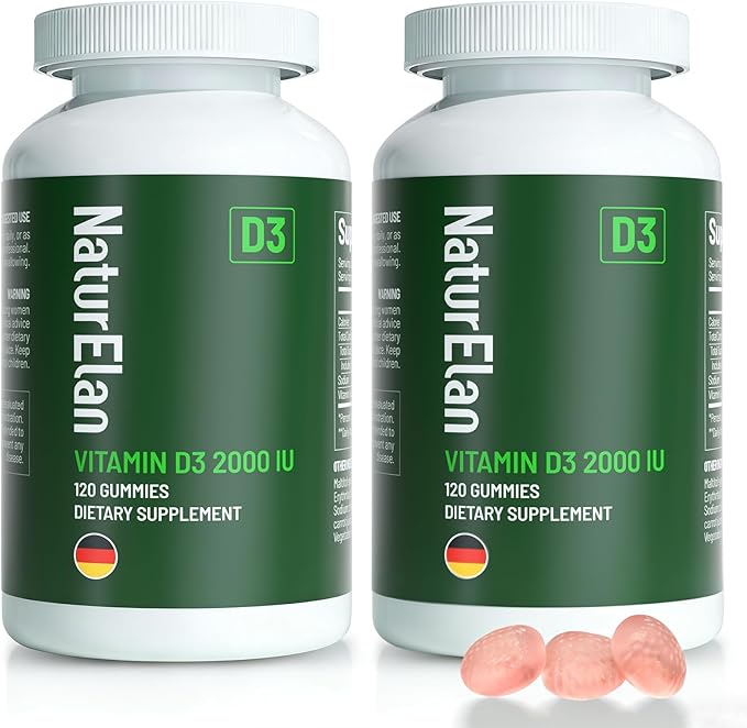 NaturElan 2 Pack Vitamin D3 Gummies - 240 Gummies, 2000 IU Vitamin D3 per Gummy, Sugar Free, Boost Bones, Mood & Immune System Function, Yummy Peach Flavor, Vegan, Non-GMO & Gluten Free, 240 Servings