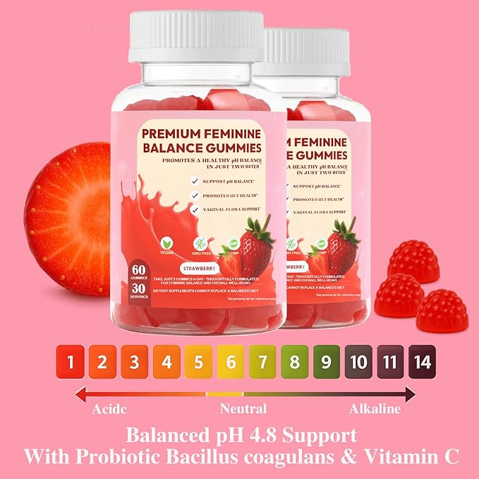 PH Gummies for Women - Ph Balance Gummies for Women Private Area, Feminine Gummy for Immune & Energy Supplement, Vegan, Gluten-Free, Strawberry Flavor, 60 Count