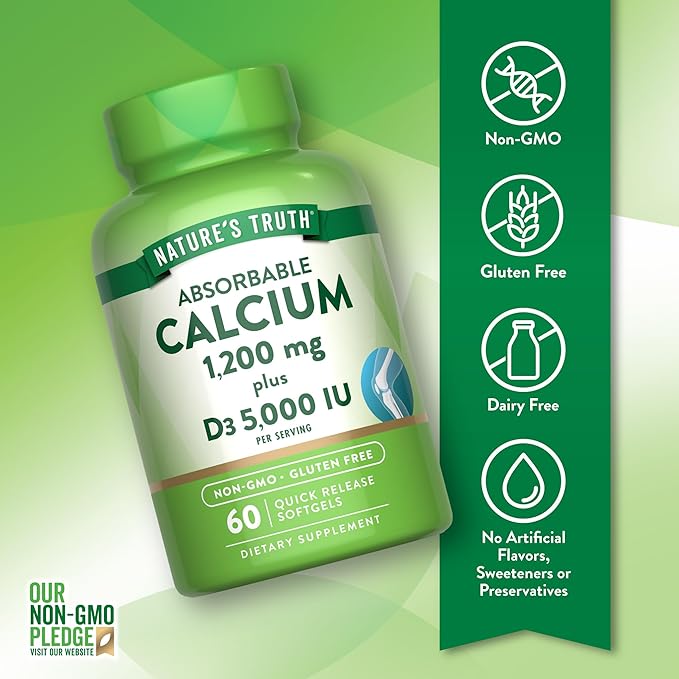 Nature's Truth Calcium 1200mg with Vitamin D3 5000 IU | 60 Softgels | from Calcium Carbonate | Non-GMO & Gluten Free Supplement