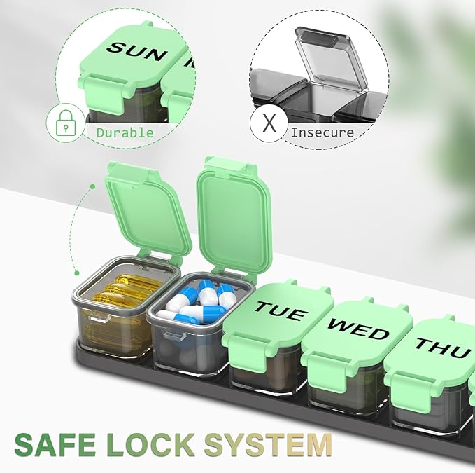 Extra Large Weekly Pill Organizer - XL Vitamin Holder with 7 Detachable Compartments, Portable Medicine Pill Organizer for Supplements, Daily Pill Case for Home and Travel,Green