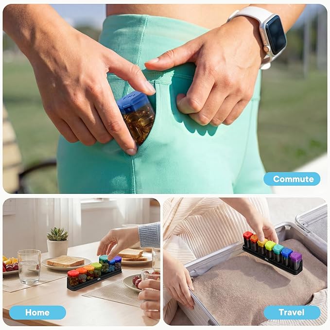 Large Weekly Pill Organizer 1 Time a Day, BPA-Free Pill Dispenser, 7 Day Pill Box with Silicone Lids & Coded Compartments, Spill Proof Portable Case for Vitamins, Seniors & Daily Medication