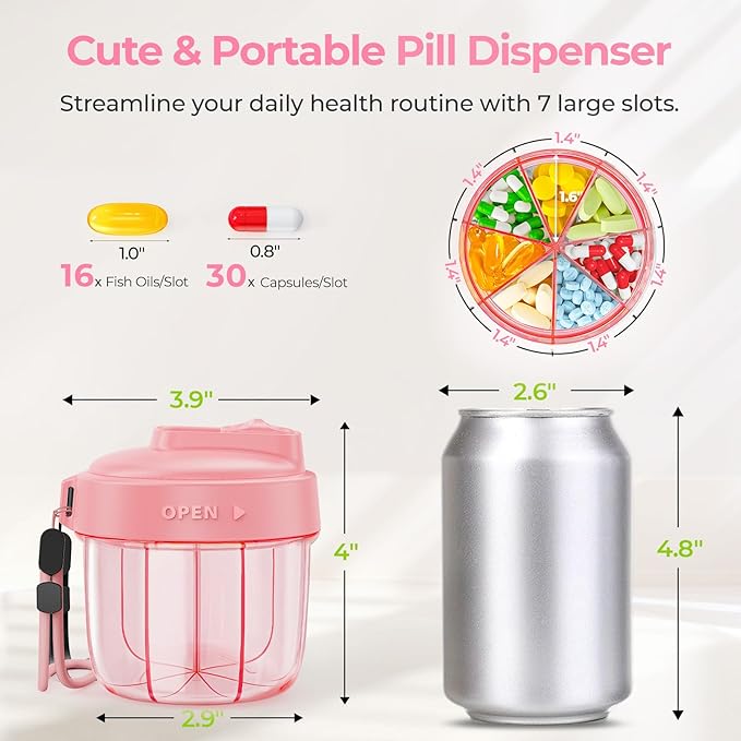 AUVON Portable Pill Dispenser to Store 7 Various Supplements, Travel Pill Organizer Bottle with Anti-Mixing Design, Arthritis-Friendly Pill Container with Wide Opening & Slider Lid, 20 Blank Stickers