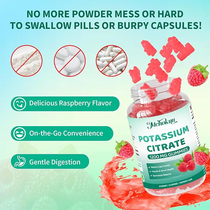 Potassium Citrate Supplement Gummies, Potassium Supplements for Women & Men, Helps Maintain Muscle Wellness & Electrolyte Balance, Vegan, Raspberry Flavor, 60 Count Potassium Gummies
