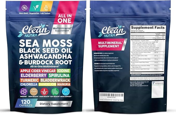 Clean Nutraceuticals Sea Moss Black Seed Oil Ashwagandha Turmeric Bladderwrack Burdock & Vitamin C Vitamin D3 with Elderberry Manuka Dandelion (120 Count (Pack of 1))